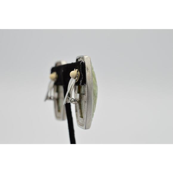 Vintage Earrings Brushed Silver Faux Green Stone Cabochon Statement 1980s 9G - Picture 10 of 12